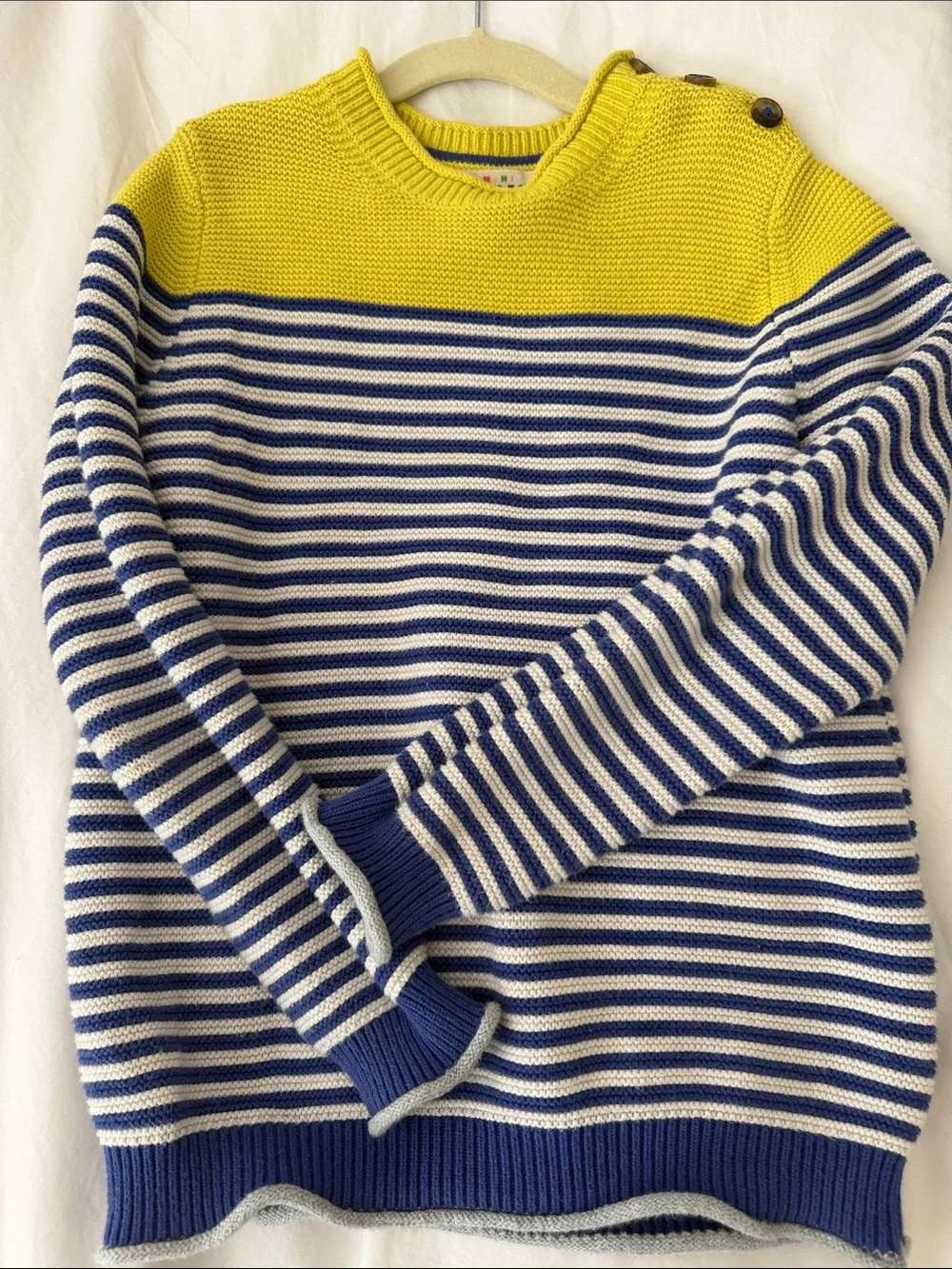 Mini Boden Yellow and Navy Striped Knit Sweater with Button Shoulder